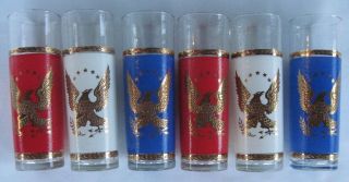 6 Vintage Patriotic Tom Collins Glasses Gold Tone Accents/eagle Bar Ware