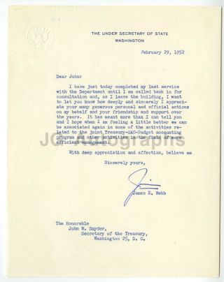 James E.  Webb - Nasa Admin - U.  S.  Sec.  Of State Under Truman - Letter To Snyder