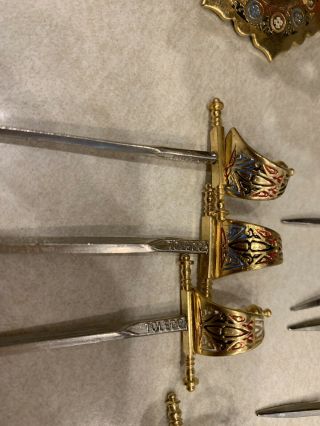 Vintage Brass / Metal Appetizer Set Of 12 Swords Cocktail Picks On Stand Toledo 3