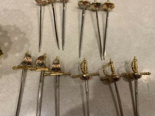 Vintage Brass / Metal Appetizer Set Of 12 Swords Cocktail Picks On Stand Toledo 5