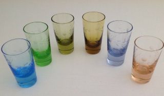 Set Of 6 Vintage Napco Shot Glasses,  Mid - Century Multi - Color Etched Shotglass
