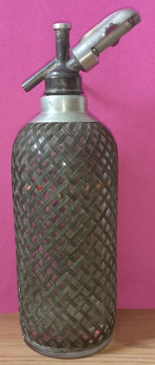 Vintage Seltzer Bottle Soda Siphon Wire Mesh Czech Glass Sparklets York 