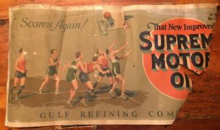 Gulf Supreme Motor Oil Poster C.  1930 Lrg 51”x28” Stone Litho Basketball Scarce,