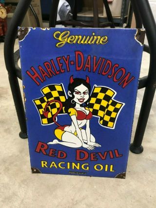 " Harley Davidson Racing Oil " Heavy Porcelain Advertising Sign (dated 1955)