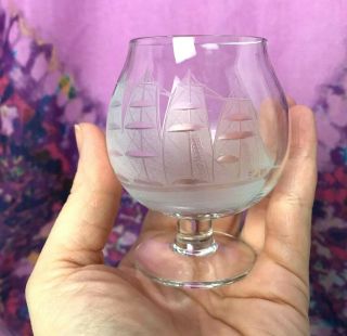 Vintage Set of 4 Schooner Clipper Ship Small Brandy Snifters Etched Clear Glass 3