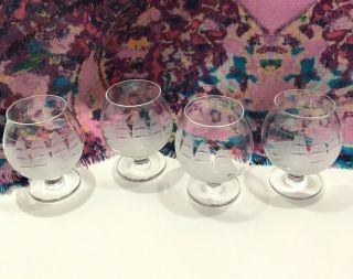 Vintage Set of 4 Schooner Clipper Ship Small Brandy Snifters Etched Clear Glass 4