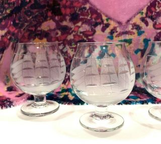 Vintage Set of 4 Schooner Clipper Ship Small Brandy Snifters Etched Clear Glass 5