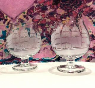 Vintage Set of 4 Schooner Clipper Ship Small Brandy Snifters Etched Clear Glass 6