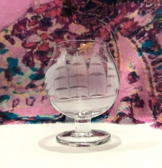Vintage Set of 4 Schooner Clipper Ship Small Brandy Snifters Etched Clear Glass 7