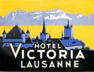 Hotel Victoria Lausanne Switzerland / Scarce Old Luggage Label,  1935