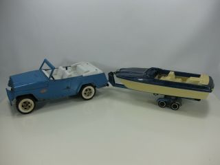 Vintage Blue Tonka Jeep Jeepster With Boat Trailer And Plastic Boat