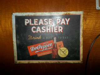 Vintage Please Pay Cashier Dr Pepper Drink A Bite To Eat Metal Advertising Sign