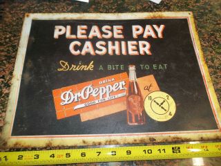 Vintage Please Pay Cashier Dr Pepper Drink A Bite To Eat Metal Advertising Sign 2