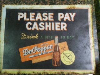 Vintage Please Pay Cashier Dr Pepper Drink A Bite To Eat Metal Advertising Sign 7