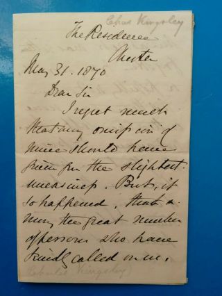 Charles Kingsley - Clergy - Social Reformer - Novelist - Autograph Letter - 1870