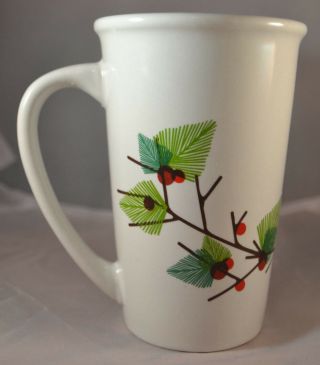 Starbucks Coffee Tall Mug Cup Christmas Series Pine Tree & Berries 21 Oz.  White