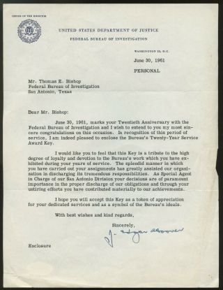 J.  Edgar Hoover Signed 6/30/1961 Fbi 20th Anniversary Letter Auto Psa/dna
