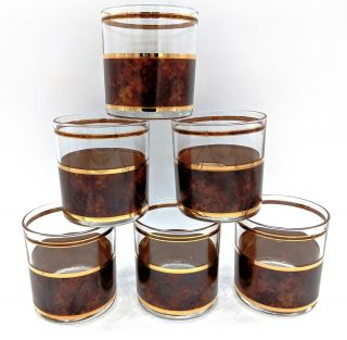 Set Of Six Mcm Culver Tortoise Double Old Fashioned Whiskey Rocks Glasses 795