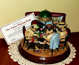 Poker Playing Pugs The Danbury Lighted Sculpture Certificate Of Authentic