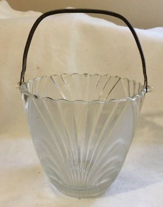 Vtg.  Clear & Frosted Glass Ice Bucket W/ Metal Handle/ Condition/ 40’