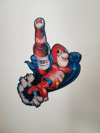 Bud Man Budweiser Beer Metal Advertising Sign 1989
