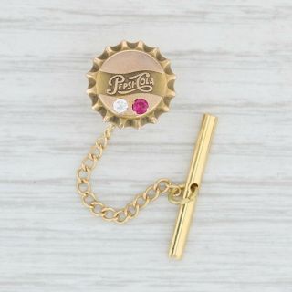 Pepsi - Cola Pin 10k Yellow Gold Diamond Synthetic Ruby Service Bottle Cap Tie Tac