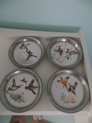 Rare Vintage Silver Beaded Game Bird Coaster Plates Set Of 4