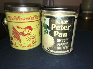 Vintage Wizard Of Oz Tin Pail Bucket And A Derby’s Peter Pan Peanut Butter Tin.