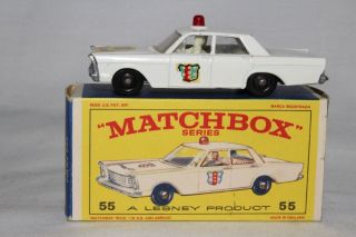 Matchbox Lesney 55c Ford Galaxie Police Car,  Red Dome Light,  Boxed Type E,  2