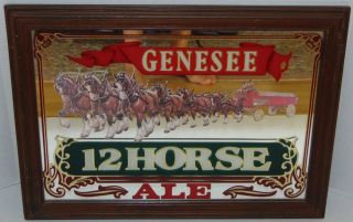 Vintage Genesee 12 Horse Ale Mirrored Bar Sign Wood Frame 23 " X 17 " Usa Euc