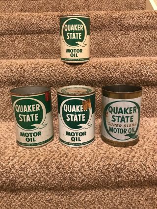 Vintage Quaker State Motor Oil 1 Quart Metal Cans 1 - Full Can And 3 - Empty Cans