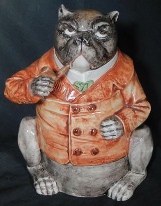 Antique German French Majolica Figural Humidor Fat Dog Anthropomorphic Pug Bull
