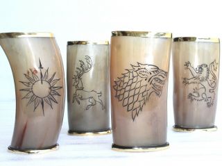 Four Assorted Game Of Thrones Hoses Carved Viking Drinking Horn Beer Ale Cups 6 "