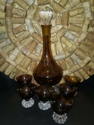 Vintage Amber Brown Handblown Wine Decanter And Six Wine Glasses