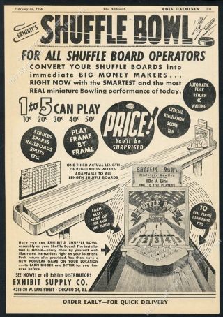 1950 Exhibit Supply Shufle Bowl Shuffleboard Coin - Op Game Vintage Trade Print Ad