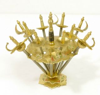 12 Vintage Miniature Toledo Spain Bar Cocktail Picks Brass Metal Sword W/ Holder