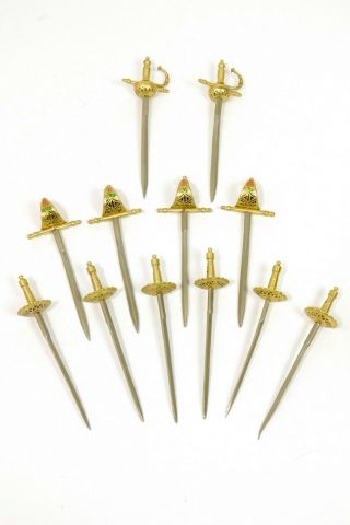 12 VINTAGE Miniature Toledo Spain Bar Cocktail Picks Brass Metal Sword w/ Holder 2