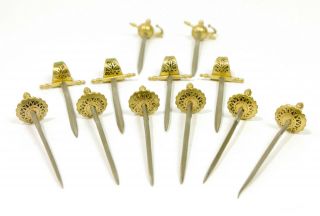 12 VINTAGE Miniature Toledo Spain Bar Cocktail Picks Brass Metal Sword w/ Holder 4