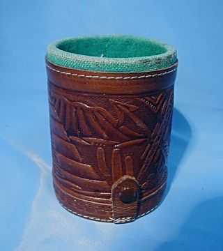 Vintage Tooled Leather Dice Cup With Snap Storage And Poker Dice From Mexico