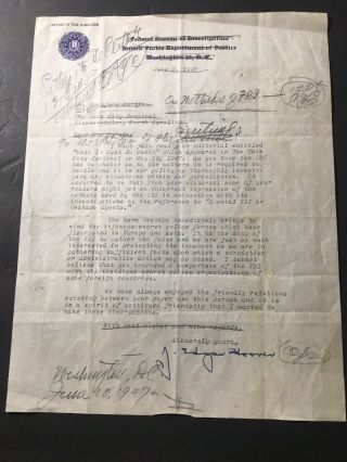 J.  Edgar Hoover Autographed Letter To Winston - Salem Newspaper 06/09/1947 Gestapo