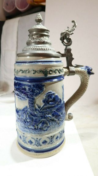 German Blue Decorated Stoneware Lidded Stein Hunting Scene Shooting