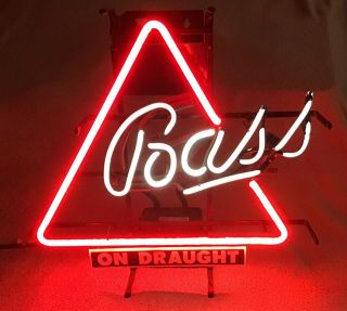 Large Vintage “bass On Draught” Red Neon Bar Sign 20” X 20”