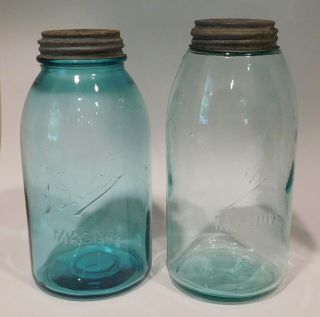 Two Old Antique Ball Mason 2 Quart Aqua Canning Jar