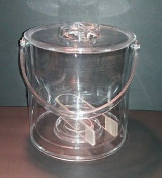 Vintage Mid Century Modern Lucite Ice Bucket With Liner & “morgan” Signed Tongs