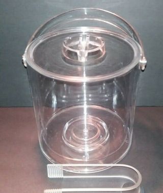 Vintage Mid Century Modern Lucite Ice Bucket with Liner & “Morgan” Signed Tongs 2