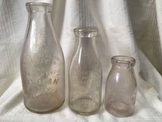3 Early Vintage Milk Bottles Half Pint - Quart Bowman Dairy Chicago 1920s Bottle