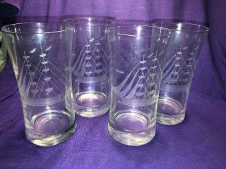 Etched Clipper Ship Sail Boat Schooner Whiskey Highball Glasses Set Of 4