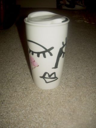 Starbucks White Faces Ceramic Travel Drink Coffee Tumbler Mug Euc