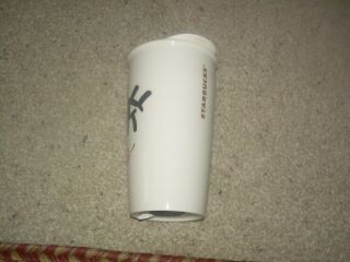 STARBUCKS White FACES Ceramic Travel Drink Coffee Tumbler Mug EUC 2