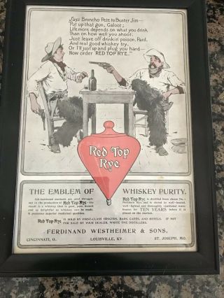 Red Top Rye Whiskey Chromo Print Ad Vintage Framed Advertisement.  Oh,  Ky,  Mo